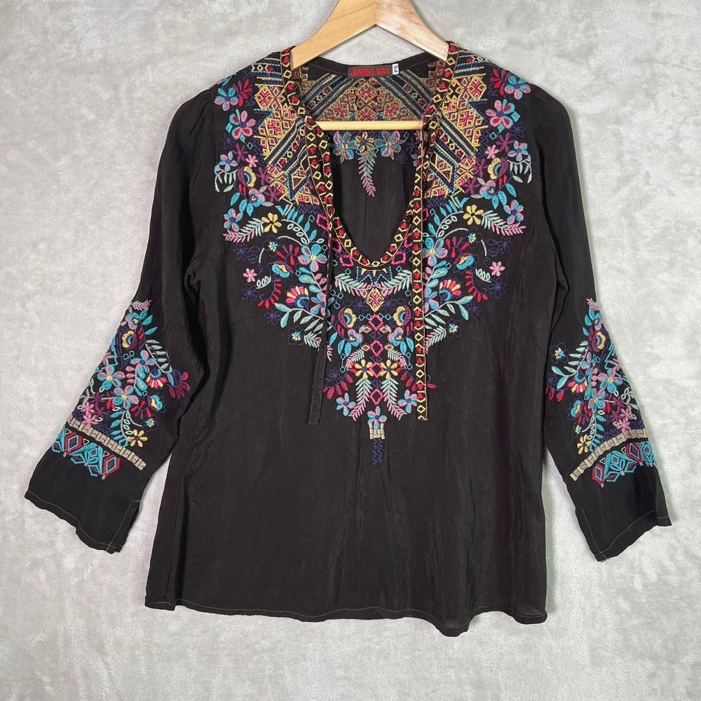 Johnny Was Womens Sheesoh Floral Embroidered Blouse Size PS Brown Artsy Bohemian